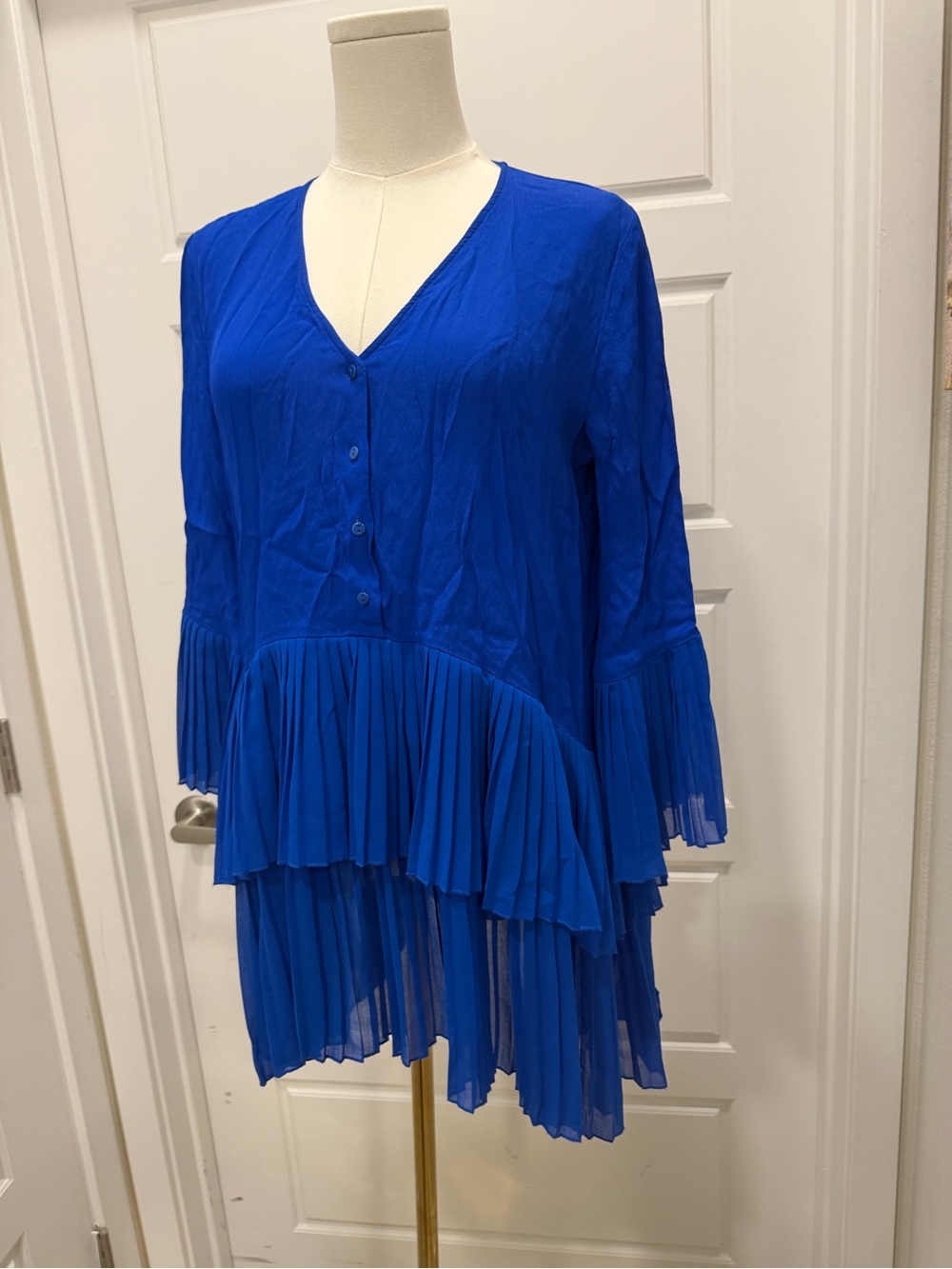 Zara Cobalt Blue Pleated V-Neck Mini Dress - Picture 3 of 7